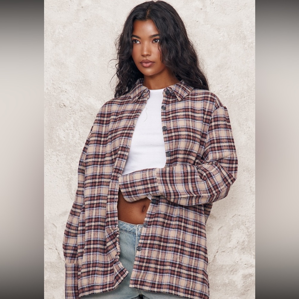 PrettyLittleThing Brown Oversized Flannel Shirt